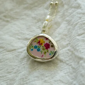 Floral Broken China Pendant with Pearl Bail