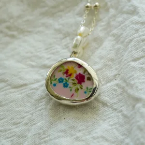 Floral Broken China Pendant with Pearl Bail